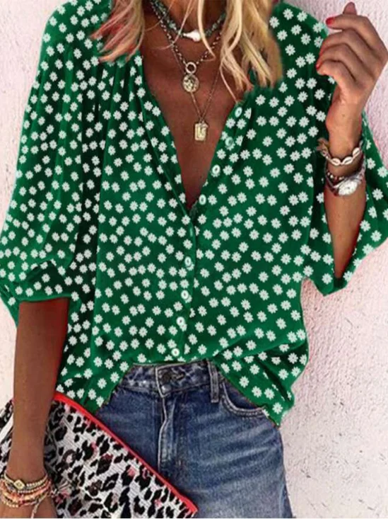 Vintage Half Sleeve Boho Floral Printed St Patricks Day V Neck Casual Blouse