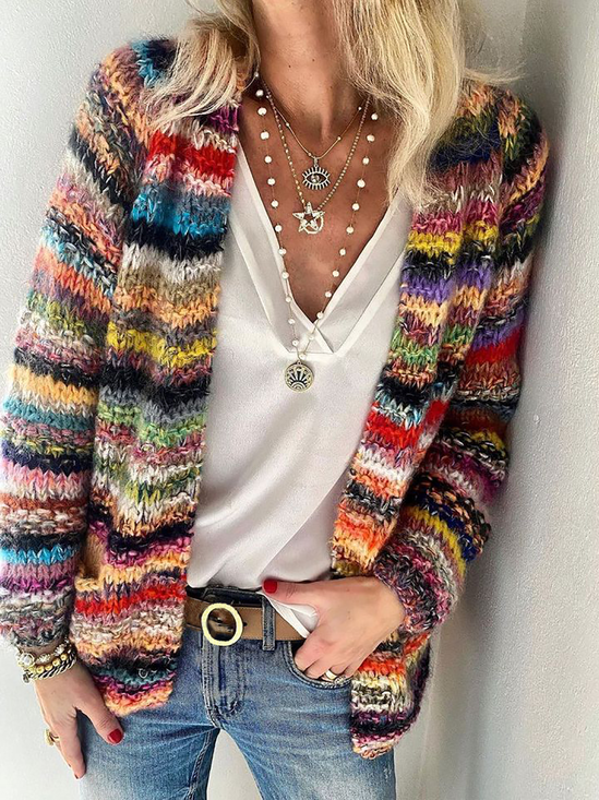 Plus size Long Sleeve Casual Striped Sweater Coat