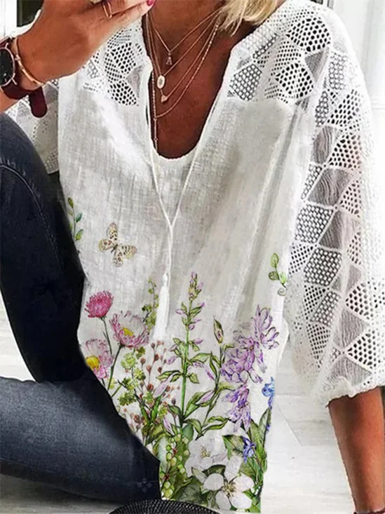 Women Printed V Neck Casual Three Quarter Sleeve T-shirt