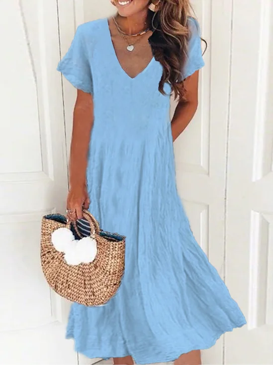 New Women Chic Vintage Boho Hippie Short Sleeve V Neck Plain Casual Weaving Dress