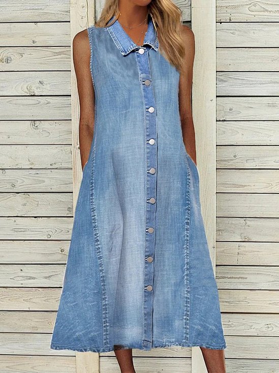 Sleeveless Casual Denim Shawl Collar Weaving Dress