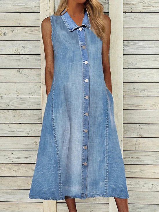 Sleeveless Casual Denim Shawl Collar Weaving Dress