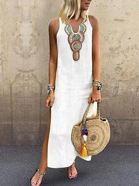 Loose Vacation Linen Simple Ethnic V Neck Sleeveless Maxi Dress