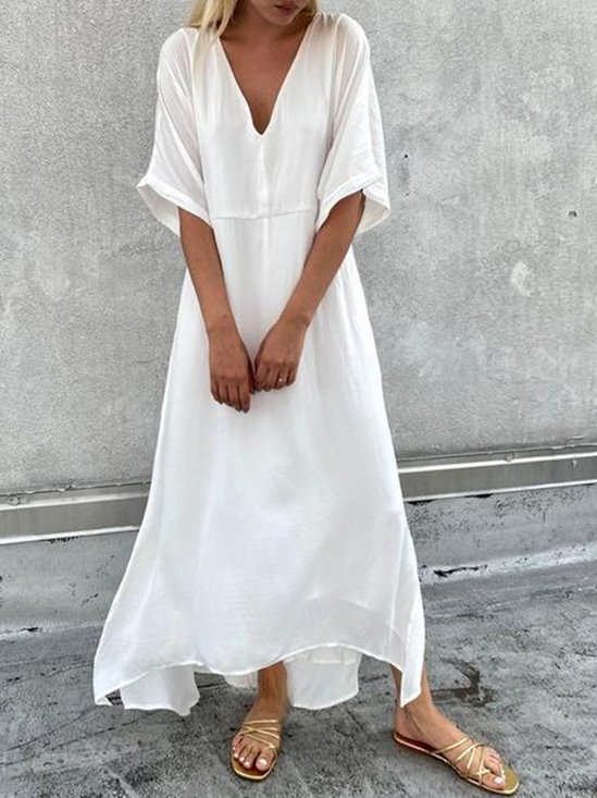 Casual Solid V Neck Cotton Loose Short Sleeve Dress