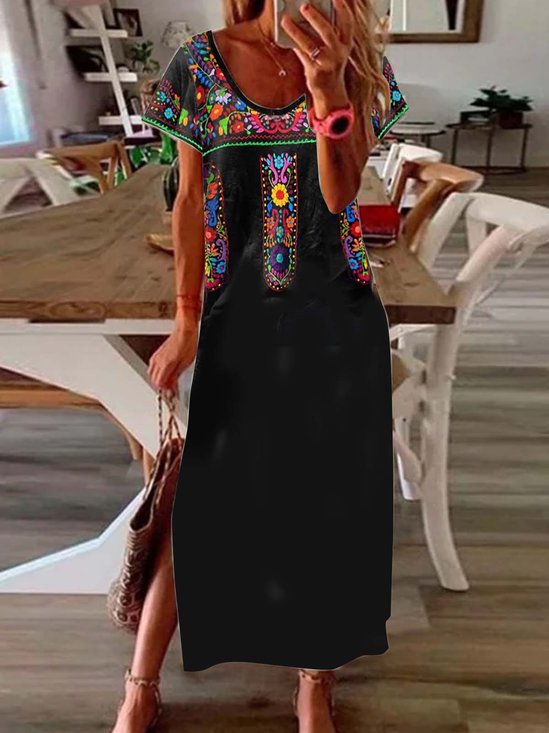 Folk flower print loose split dress long