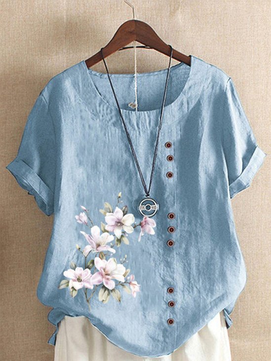 Women Casual Crew Neck Floral Button Short Sleeve Linen Top