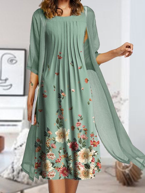 Half Sleeve Loose Floral Round Neck Two Piece Dress
