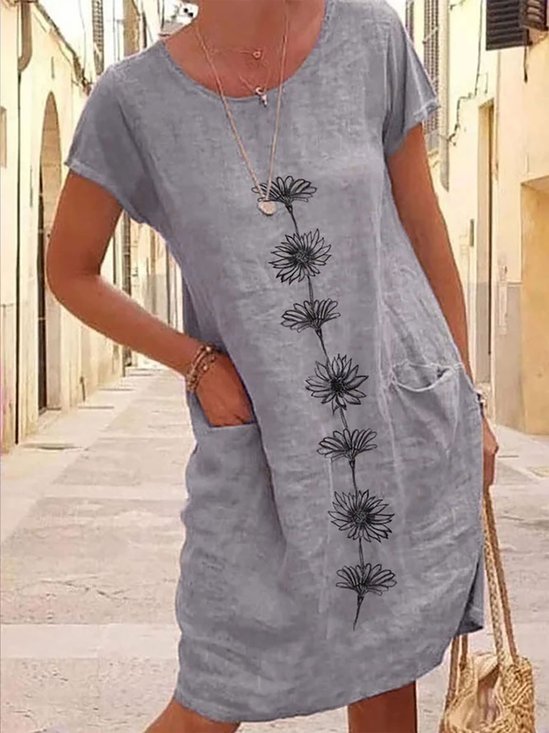 Women Summer Floral Pockets Short Sleeve Crew Neck Cotton Linen Dress