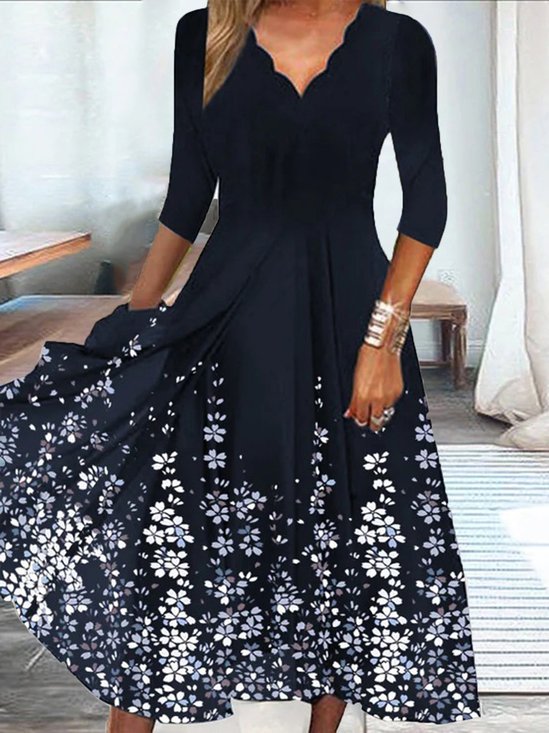 Floral Casual V Neck A-Line Three Quarter Sleeve Dress