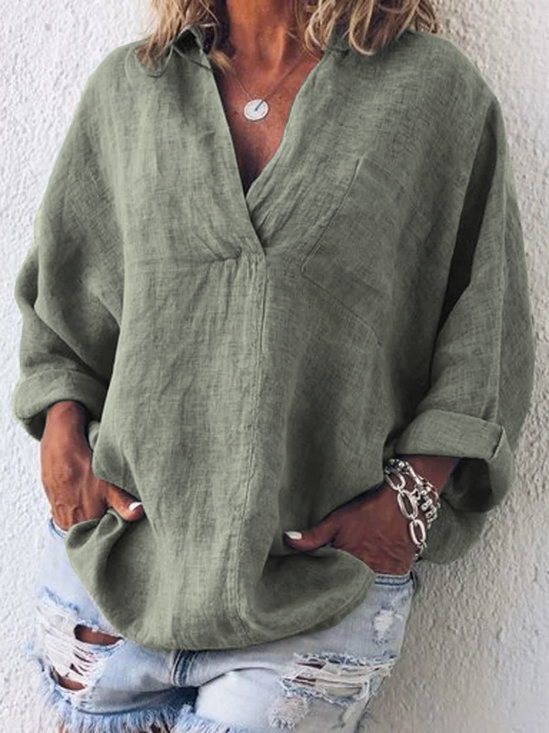 Women Casual Plain Pockets Loose V Neck Long Sleeve Blouse