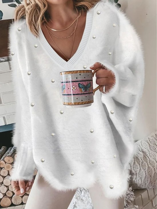 V Neck Casual Plain Pearl Fuzzy Tunic Sweater