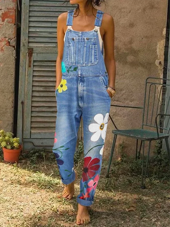 Women Sleeveless Pocket Floral-Print Denim Jumpsuits