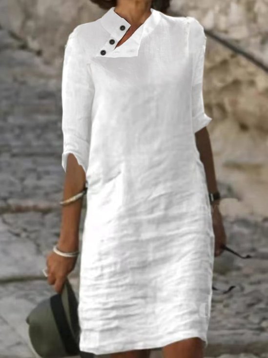 Women Plain Casual Half Open Collar Button Half Sleeve Cotton and Linen Dress