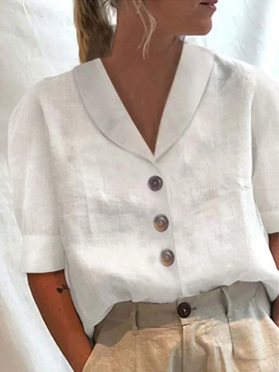 Women Plain Elegant Button Down Collar Loose Short Sleeve Cotton Linen Blouse