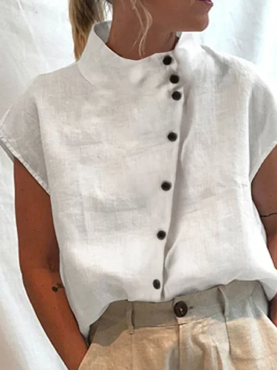 Women's Shirt Blouse Linen Cotton Turtleneck shirt Plain Casual Button Short Sleeve Elegant Fashion Basic Standing Collar Regular Fit Spring Summer