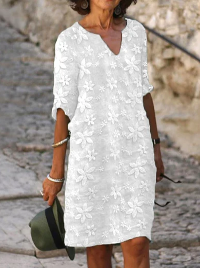 Women Plain Elegant Lace Floral Casual Vacation V Neck Half Sleeve Cotton Linen Dress