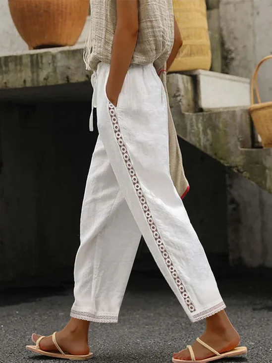 Women Drawstring Waist Hollow Out Lace Pockets Cotton Linen Casual Plain Pants