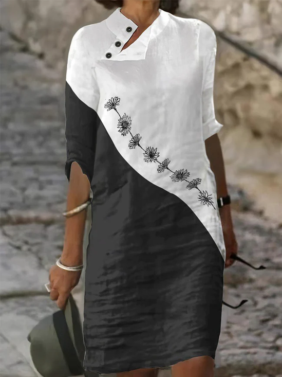 Women Casual Half Open Collar Button Artistic Floral Colorblock Half Sleeve Dress