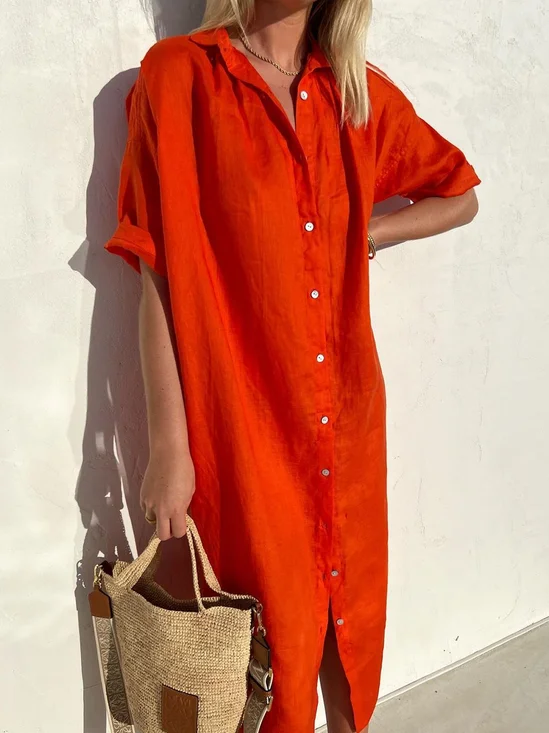 Women Elegant Casual Loose Half Sleeve Button Down Front Half Sleeve Cotton Linen Dress Long Cover Ups Shirt Dress