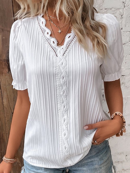 Women Plain Elegant V Neck Lace Short Sleeve Summer T-Shirt