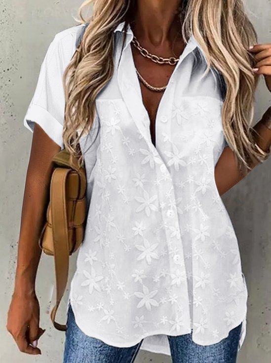 Women Plain Elegant Floral Lace Button Down Short Sleeve Blouse