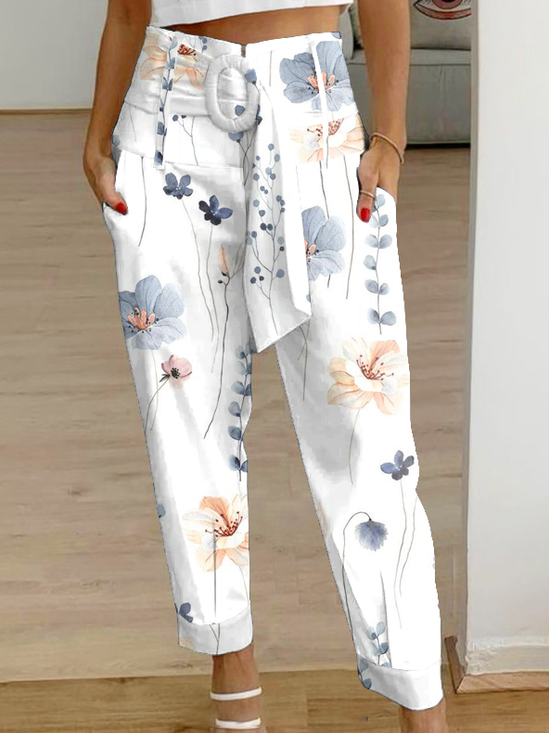 Women Floral High Waist Pockets Tie Belt Zipper Loose Casual Cargo Pants