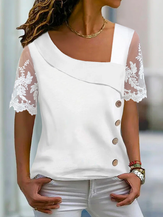 Women Casual Asymmetrical Neck Buttoned Mesh Floral Lace Short Sleeve T-shirt