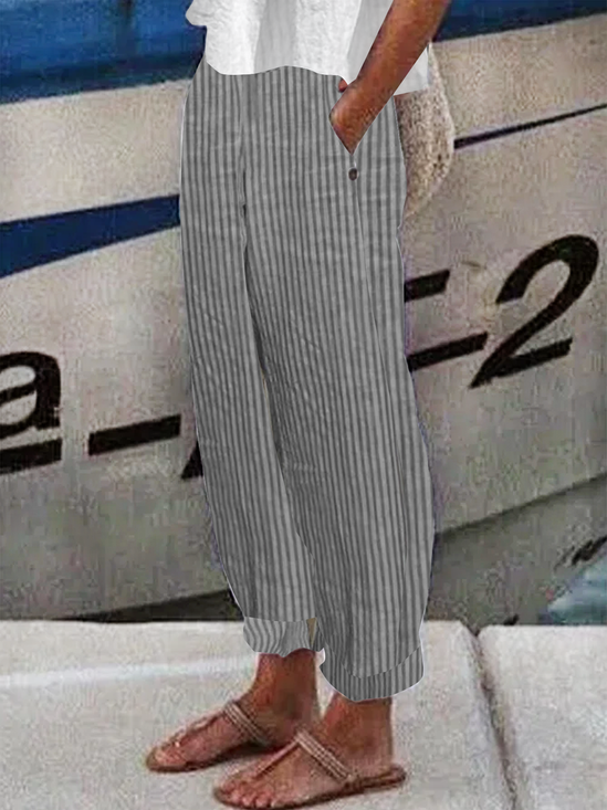 Women Casual Stripe Loose Pockets Elastic Waist Pants Ankle Length Pants