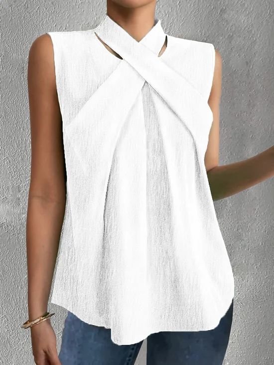 Women Casual Cross Neck Halter Neck Loose Sleeveless Flowy Cotton Linen Tank Top