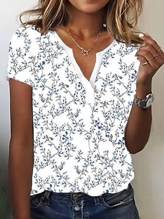 V Neck Loose Floral Casual T-Shirt