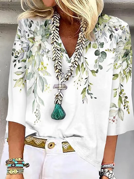 Casual Loose Floral V Neck Shirt