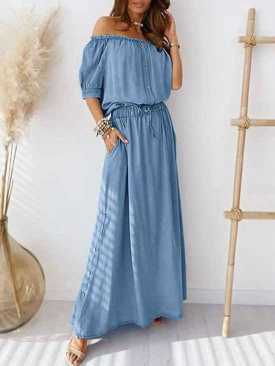 Women Elegant Off Shoulder Button Loose Maxi Dress