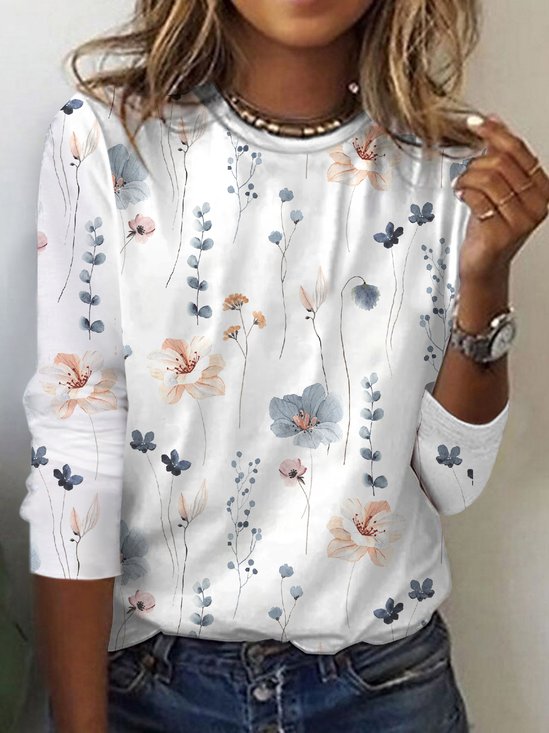 Women Casual Floral Crew Neck Long Sleeve Top