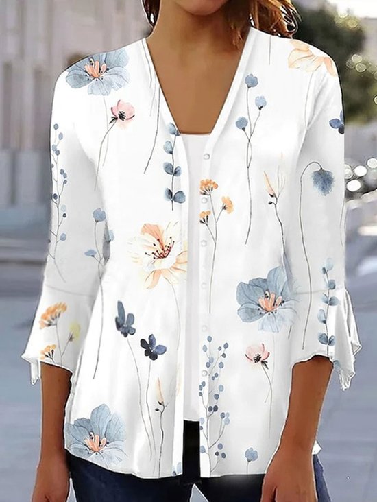 Women Casual Floral Loose Open Front Button Three Quarter Sleeve Cardigan Blouse