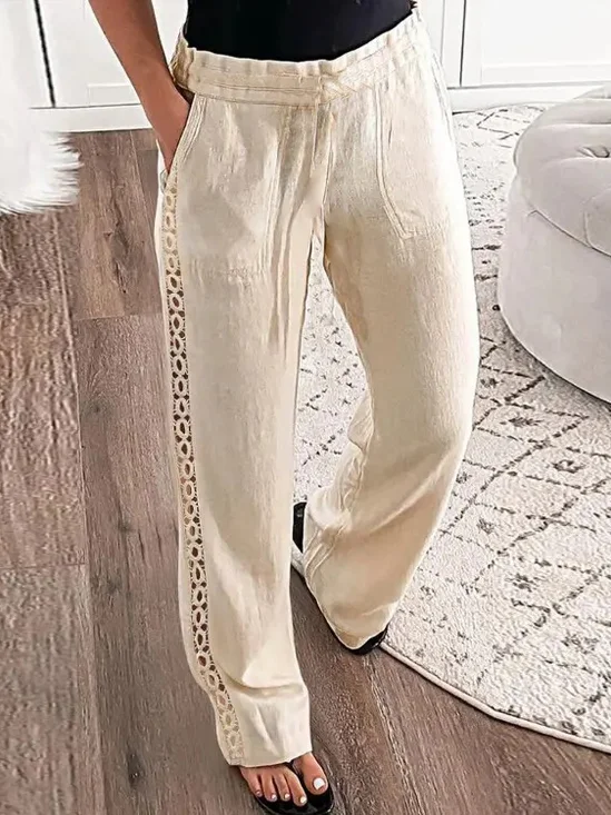 Women Casual Plain Loose Elastic Waist Hollow Out Lace Pockets Pants
