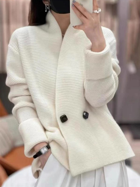 Casual Buckle Plain Stand Collar Cardigan