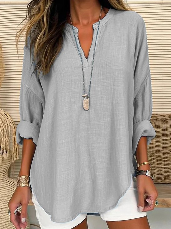 Women Casual Plain V Neck Casual Loose Long Sleeve Tunic Top