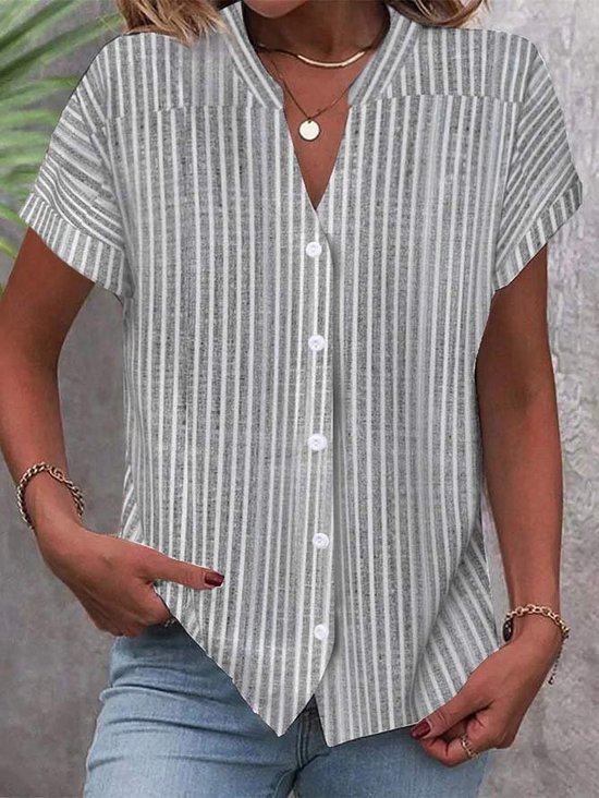 Women V Neck Casual Striped Loose Button Down Short Sleeve Blouse