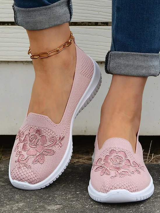 Floral Embroidery Breathable Flyknit Slip On Sneakers