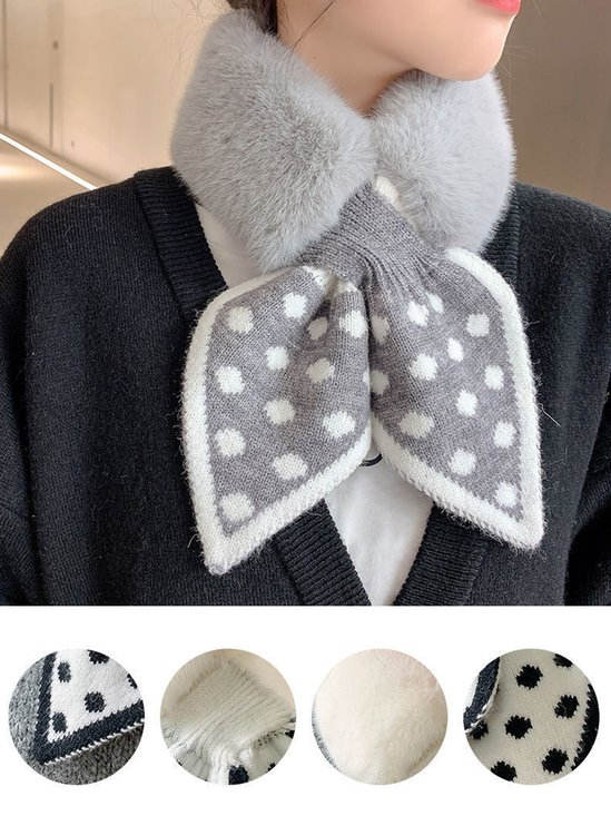 Women Polka-dot Knitted Paneled Furry Scarf