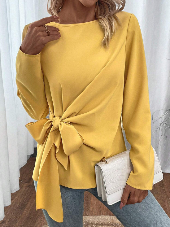 Bow Tie Solid Color Crew Neck Shirt