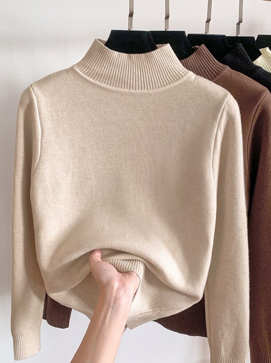 Plain Casual Yarn/Wool Yarn Half Turtleneck Sweater