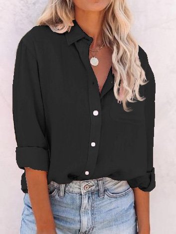 Cotton-Blend Loose Casual Shirt Collar Blouse