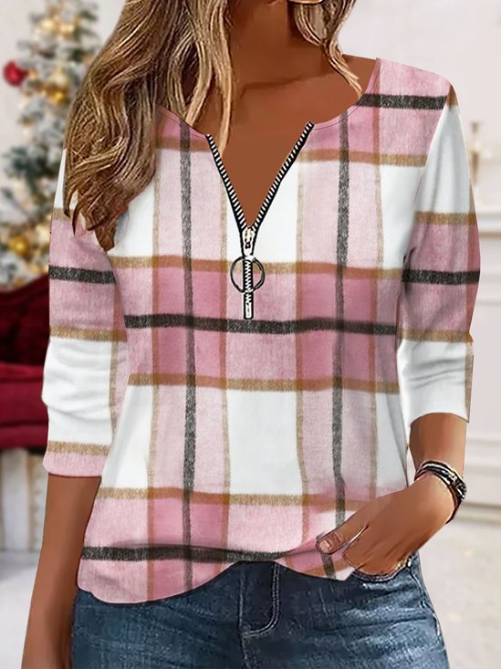 Women Plaid Notched Casual Long Sleeve T-shirt