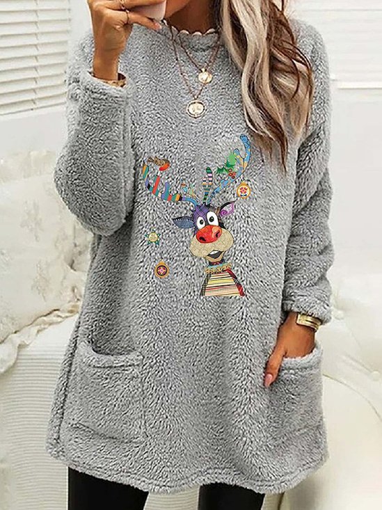 Fluff/Granular Fleece Fabric Crew Neck Casual Christmas Sweatshirt