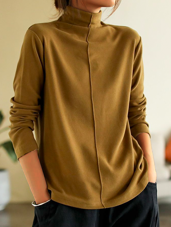 Women Plain Half Turtleneck Casual Long Sleeve T-shirt