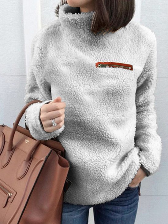 Stand Collar Regular Sleeve Casual Plain Zipper Shirt