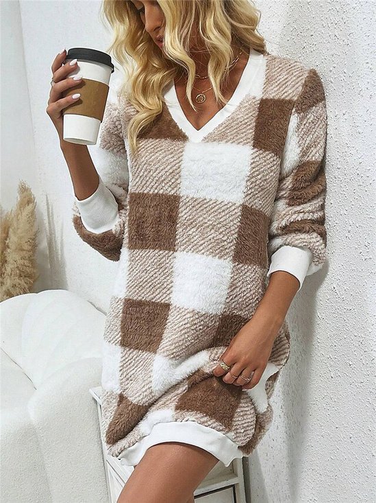V Neck Casual Fluff/Granular Fleece Fabric Dress With No Belt