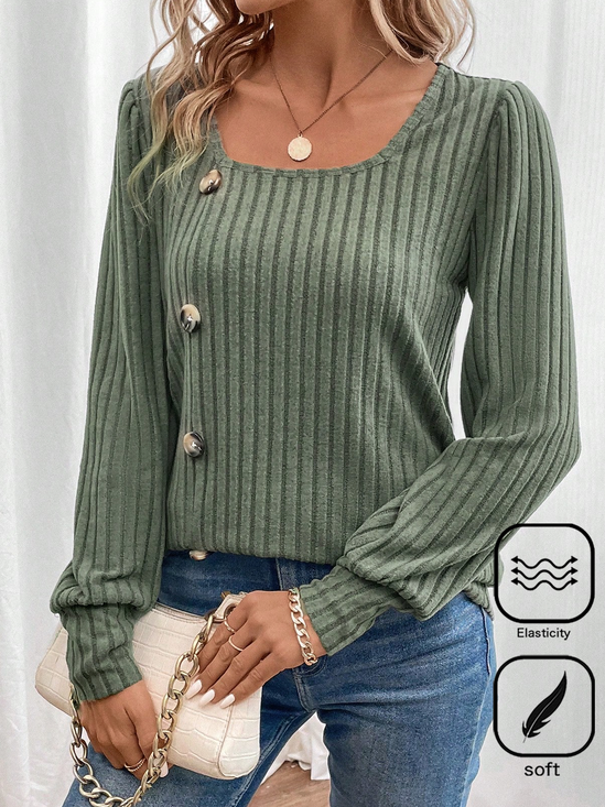 Women Plain Square Neck Casual Long Sleeve T-shirt