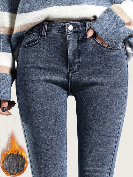 Casual Plain Fleece Tight Jeans